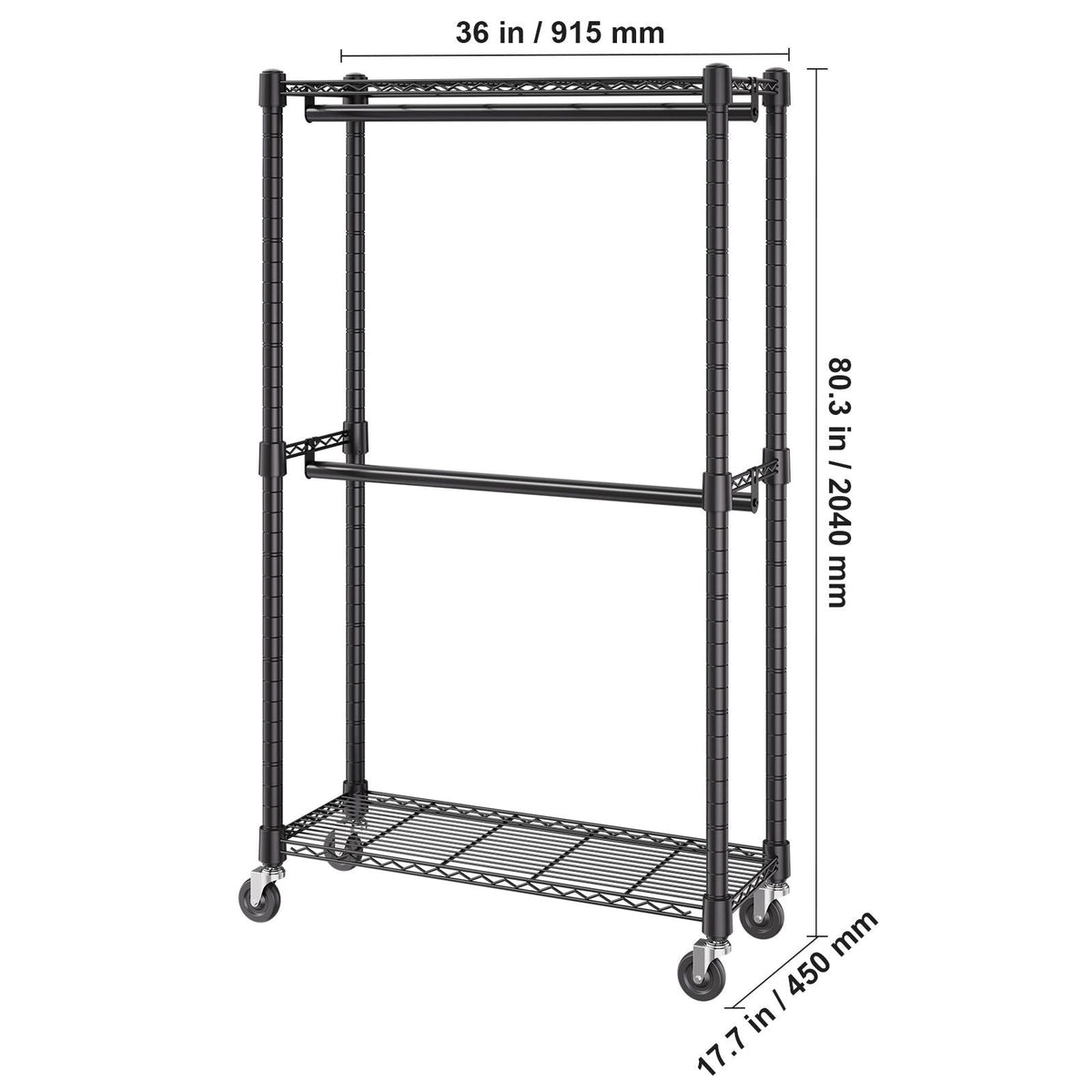 Heavy Duty Clothes Rack, Double Hanging Rods Clothing Garment Rack with Bottom and Top Storage Tier, Rolling Clothing Rack for Hanging Clothes, 1'' Diameter Thicken Steel Tube Hold Up to 300Lbs