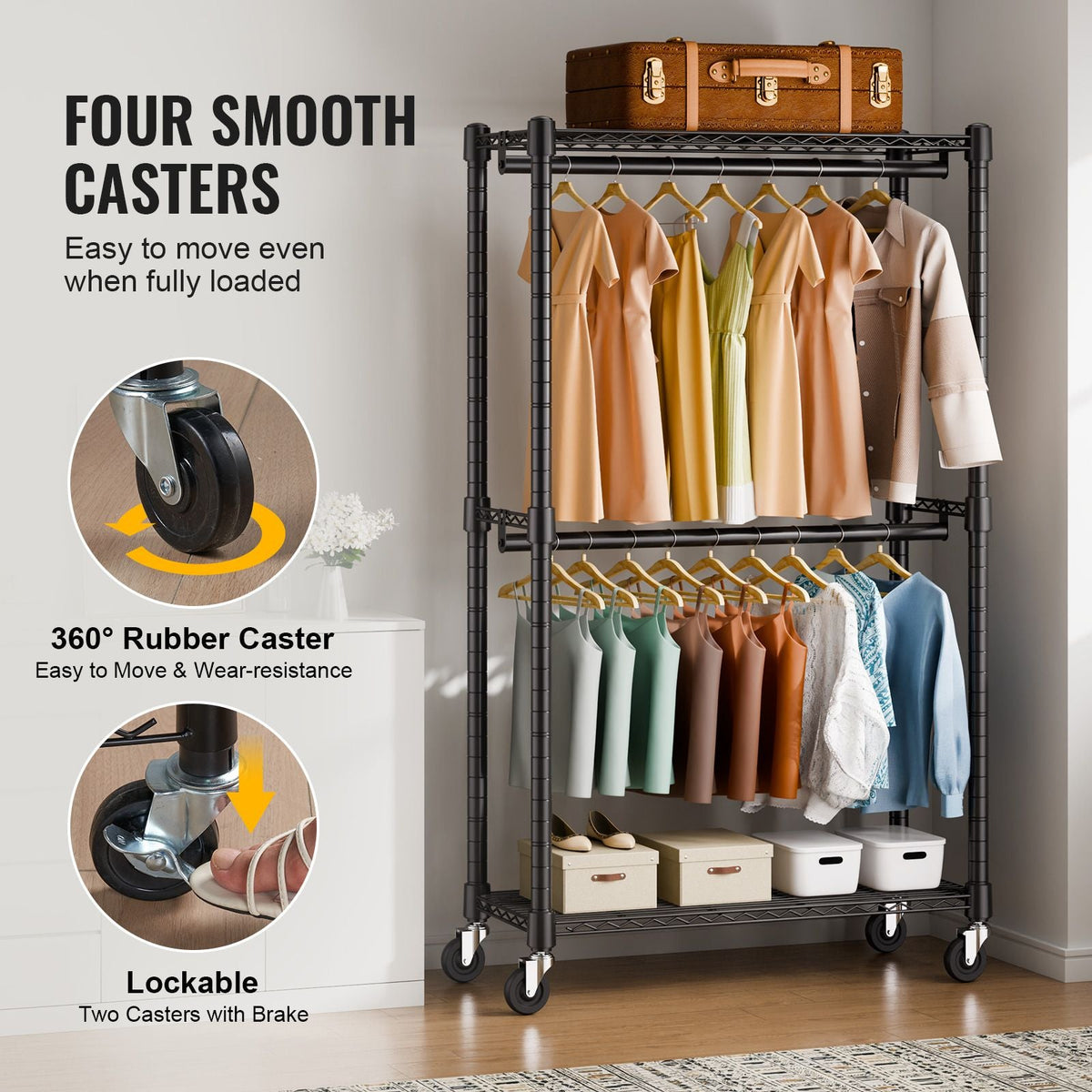 Heavy Duty Clothes Rack, Double Hanging Rods Clothing Garment Rack with Bottom and Top Storage Tier, Rolling Clothing Rack for Hanging Clothes, 1'' Diameter Thicken Steel Tube Hold Up to 300Lbs