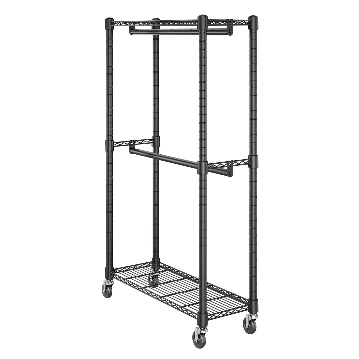 Heavy Duty Clothes Rack, Double Hanging Rods Clothing Garment Rack with Bottom and Top Storage Tier, Rolling Clothing Rack for Hanging Clothes, 1'' Diameter Thicken Steel Tube Hold Up to 300Lbs