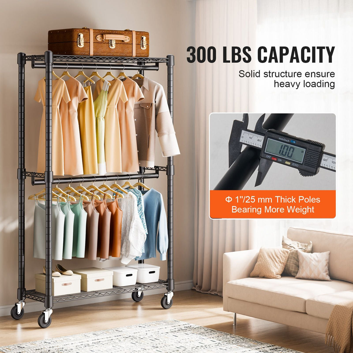 Heavy Duty Clothes Rack, Double Hanging Rods Clothing Garment Rack with Bottom and Top Storage Tier, Rolling Clothing Rack for Hanging Clothes, 1'' Diameter Thicken Steel Tube Hold Up to 300Lbs