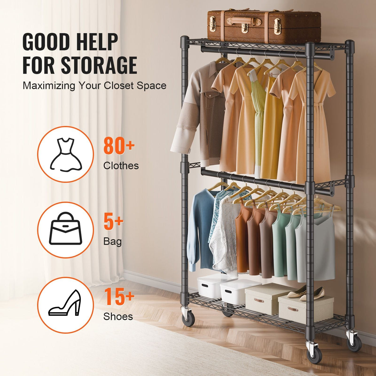 Heavy Duty Clothes Rack, Double Hanging Rods Clothing Garment Rack with Bottom and Top Storage Tier, Rolling Clothing Rack for Hanging Clothes, 1'' Diameter Thicken Steel Tube Hold Up to 300Lbs