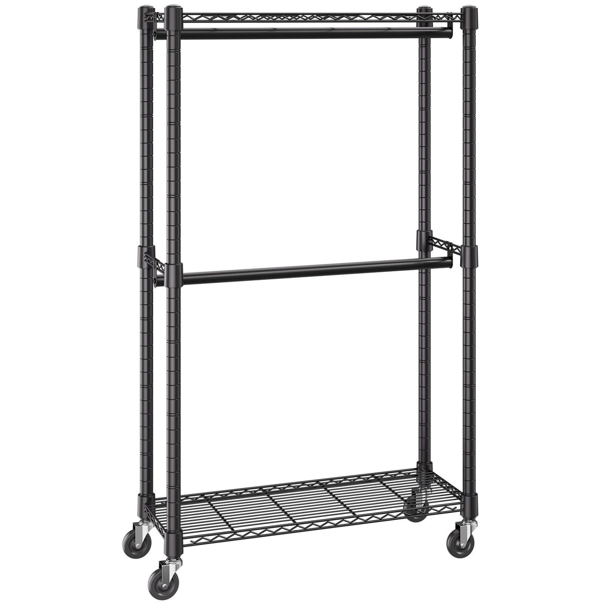 Heavy Duty Clothes Rack, Double Hanging Rods Clothing Garment Rack with Bottom and Top Storage Tier, Rolling Clothing Rack for Hanging Clothes, 1'' Diameter Thicken Steel Tube Hold Up to 300Lbs
