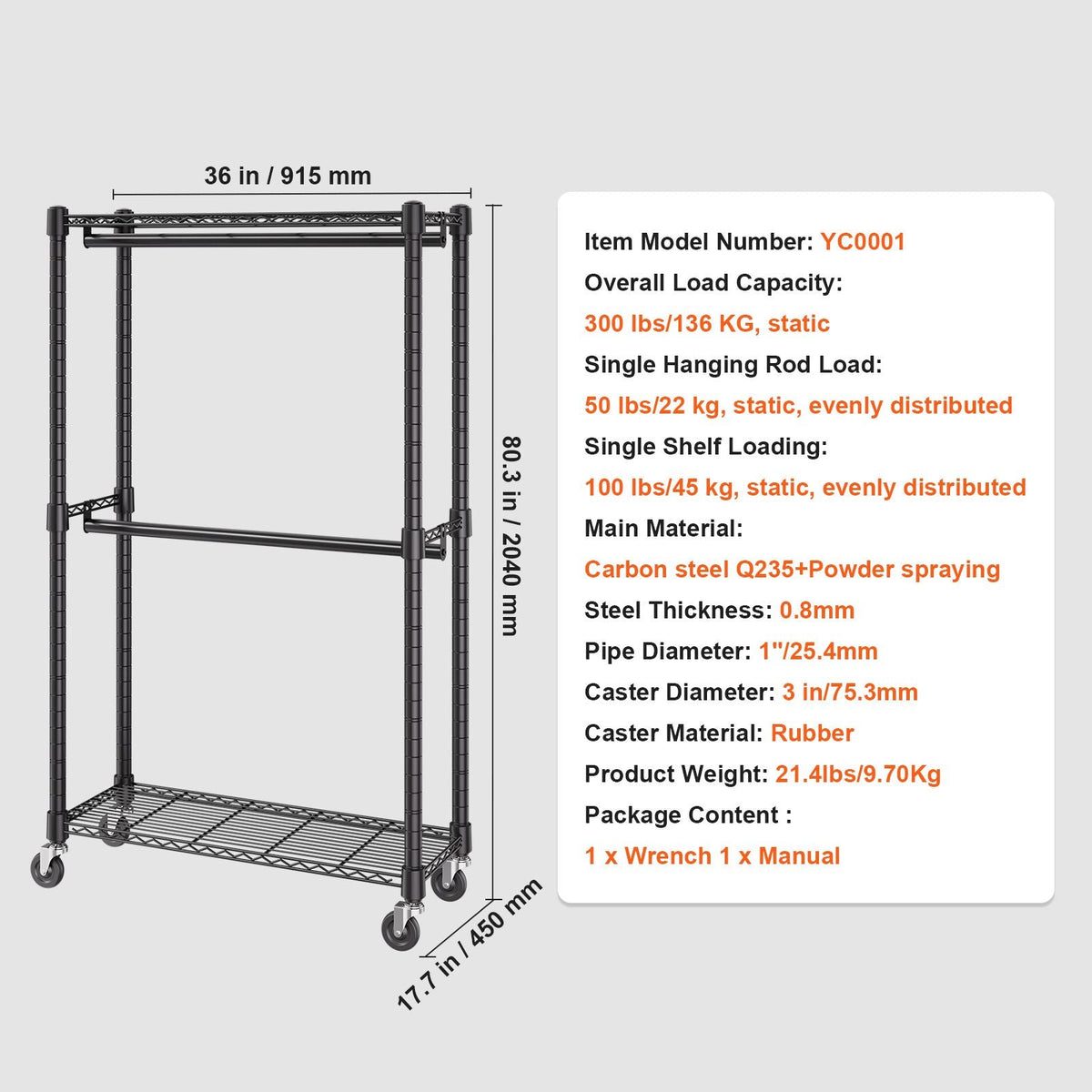 Heavy Duty Clothes Rack, Double Hanging Rods Clothing Garment Rack with Bottom and Top Storage Tier, Rolling Clothing Rack for Hanging Clothes, 1'' Diameter Thicken Steel Tube Hold Up to 300Lbs