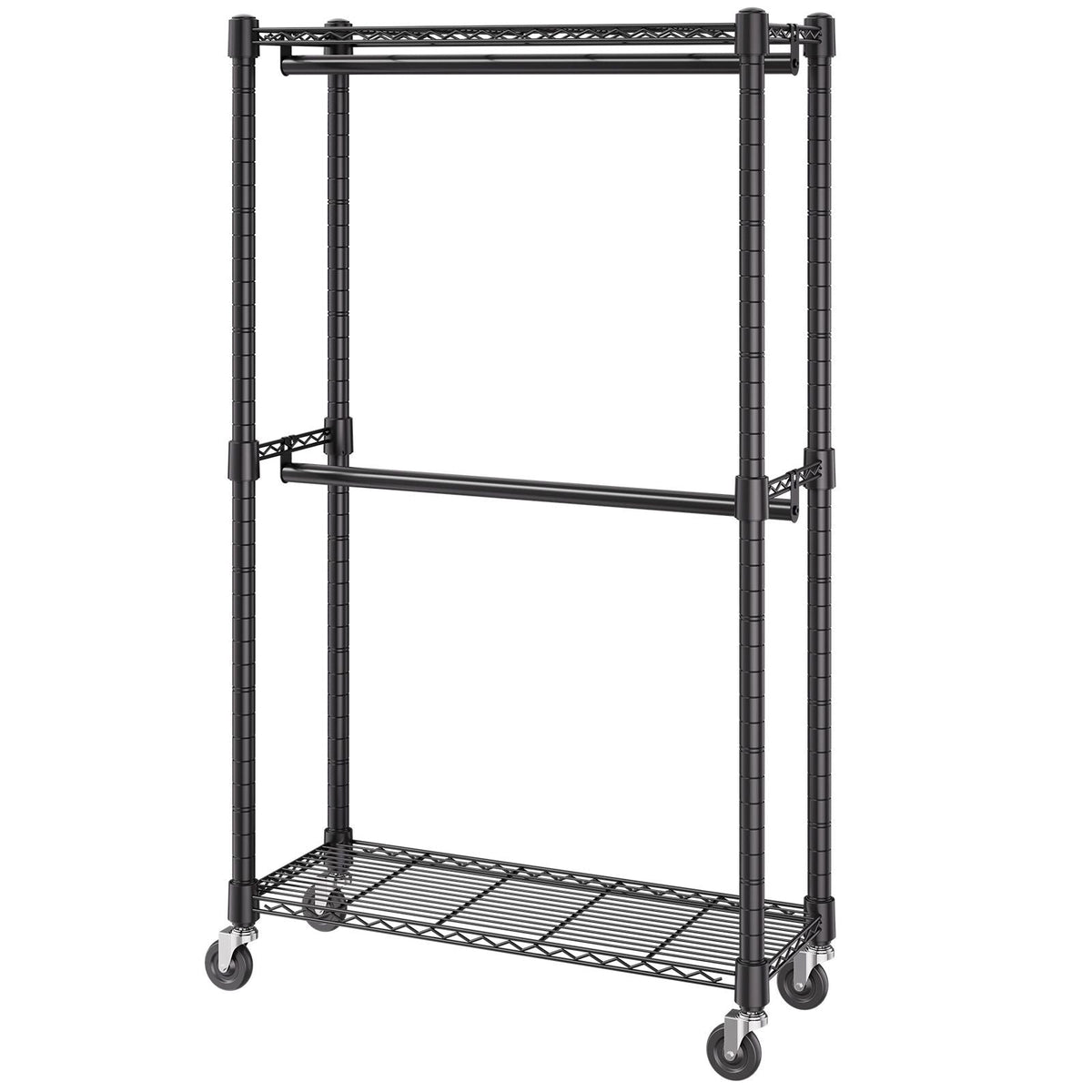 Heavy Duty Clothes Rack, Double Hanging Rods Clothing Garment Rack with Bottom and Top Storage Tier, Rolling Clothing Rack for Hanging Clothes, 1'' Diameter Thicken Steel Tube Hold Up to 300Lbs