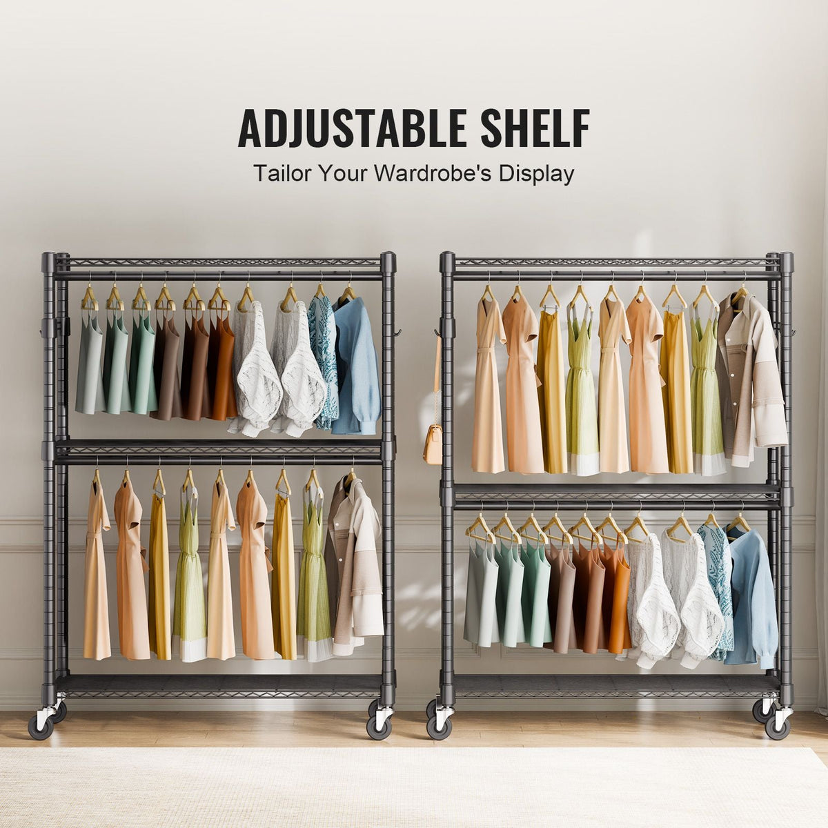 Heavy Duty Clothes Rack, Rolling Clothing Garment Rack with 3 Storage Tiers, 2 Rods and 2 Pairs Side Hooks, Adjustable Height Clothing Rack Closet for Hanging Clothes, 400 Lbs Load Capacity
