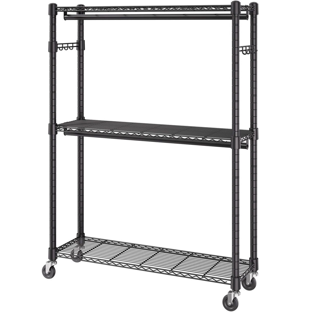 Heavy Duty Clothes Rack, Rolling Clothing Garment Rack with 3 Storage Tiers, 2 Rods and 2 Pairs Side Hooks, Adjustable Height Clothing Rack Closet for Hanging Clothes, 400 Lbs Load Capacity