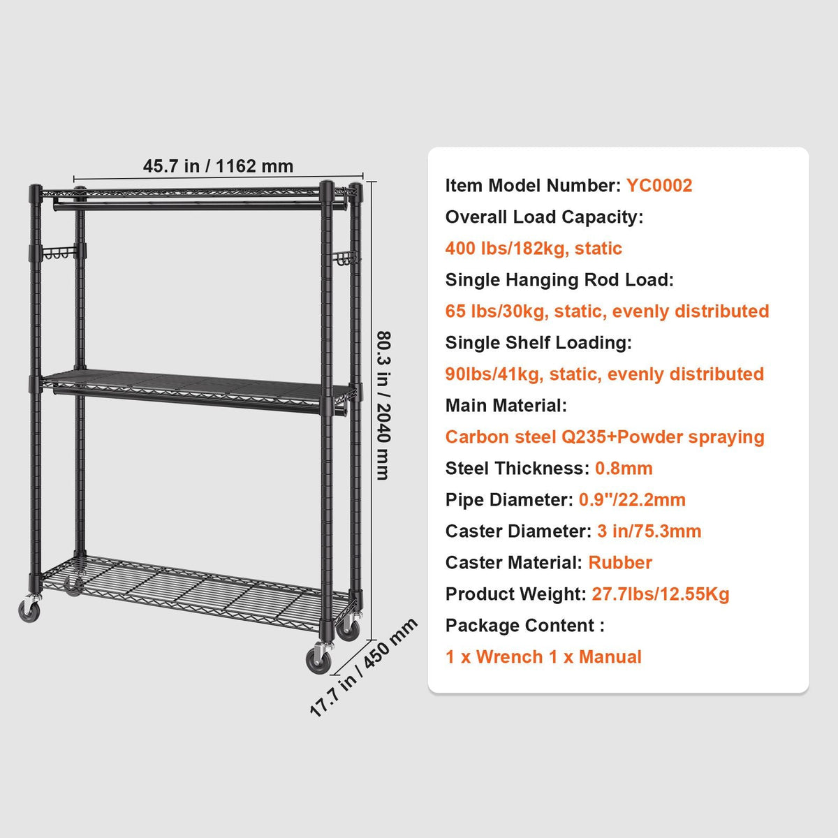 Heavy Duty Clothes Rack, Rolling Clothing Garment Rack with 3 Storage Tiers, 2 Rods and 2 Pairs Side Hooks, Adjustable Height Clothing Rack Closet for Hanging Clothes, 400 Lbs Load Capacity
