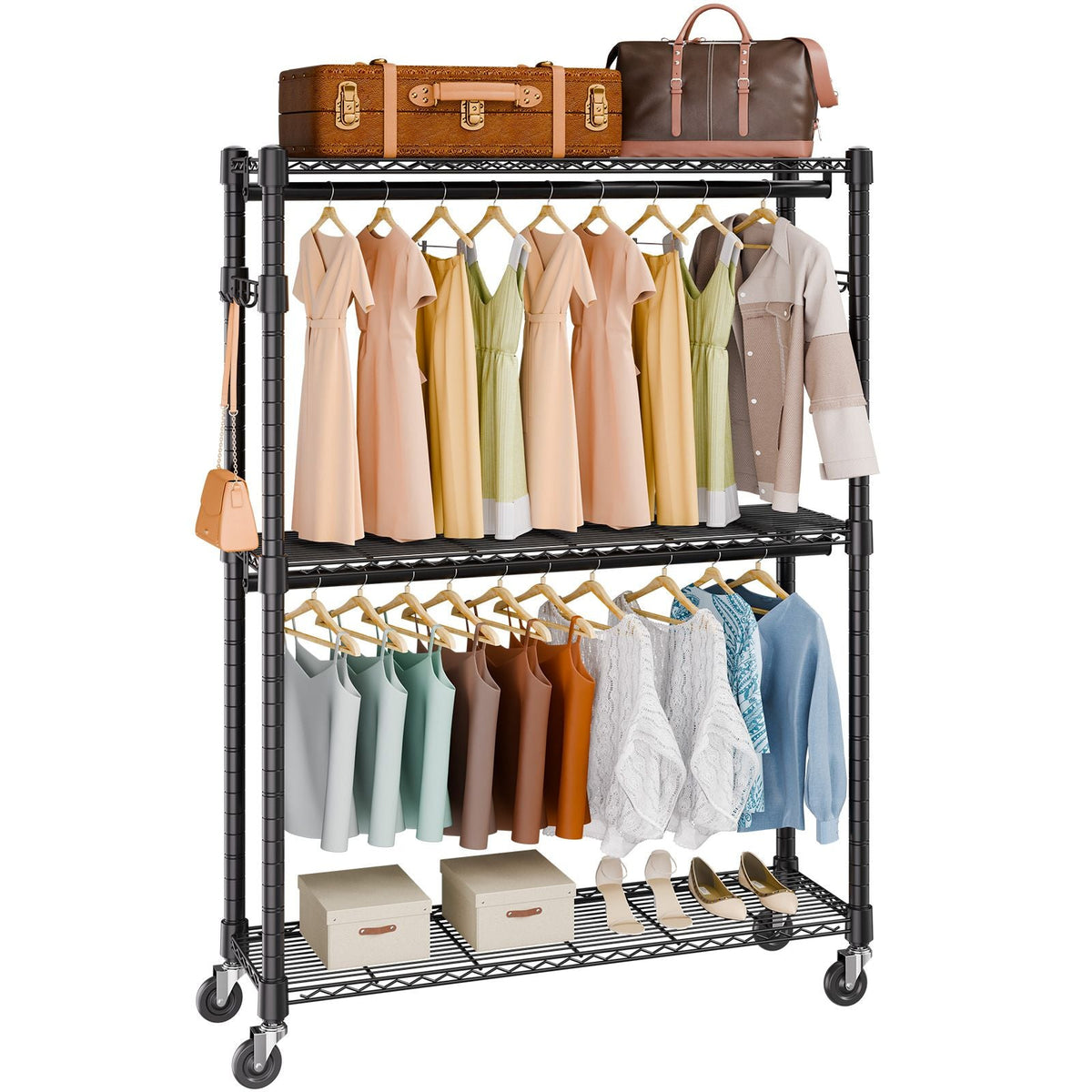 Heavy Duty Clothes Rack, Rolling Clothing Garment Rack with 3 Storage Tiers, 2 Rods and 2 Pairs Side Hooks, Adjustable Height Clothing Rack Closet for Hanging Clothes, 400 Lbs Load Capacity