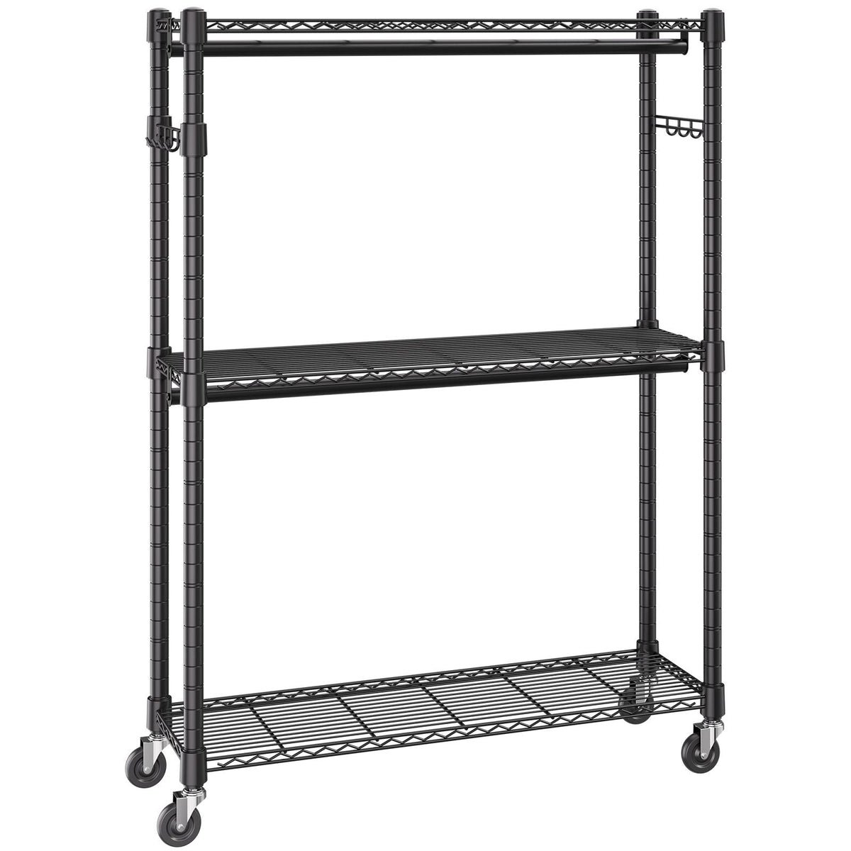 Heavy Duty Clothes Rack, Rolling Clothing Garment Rack with 3 Storage Tiers, 2 Rods and 2 Pairs Side Hooks, Adjustable Height Clothing Rack Closet for Hanging Clothes, 400 Lbs Load Capacity