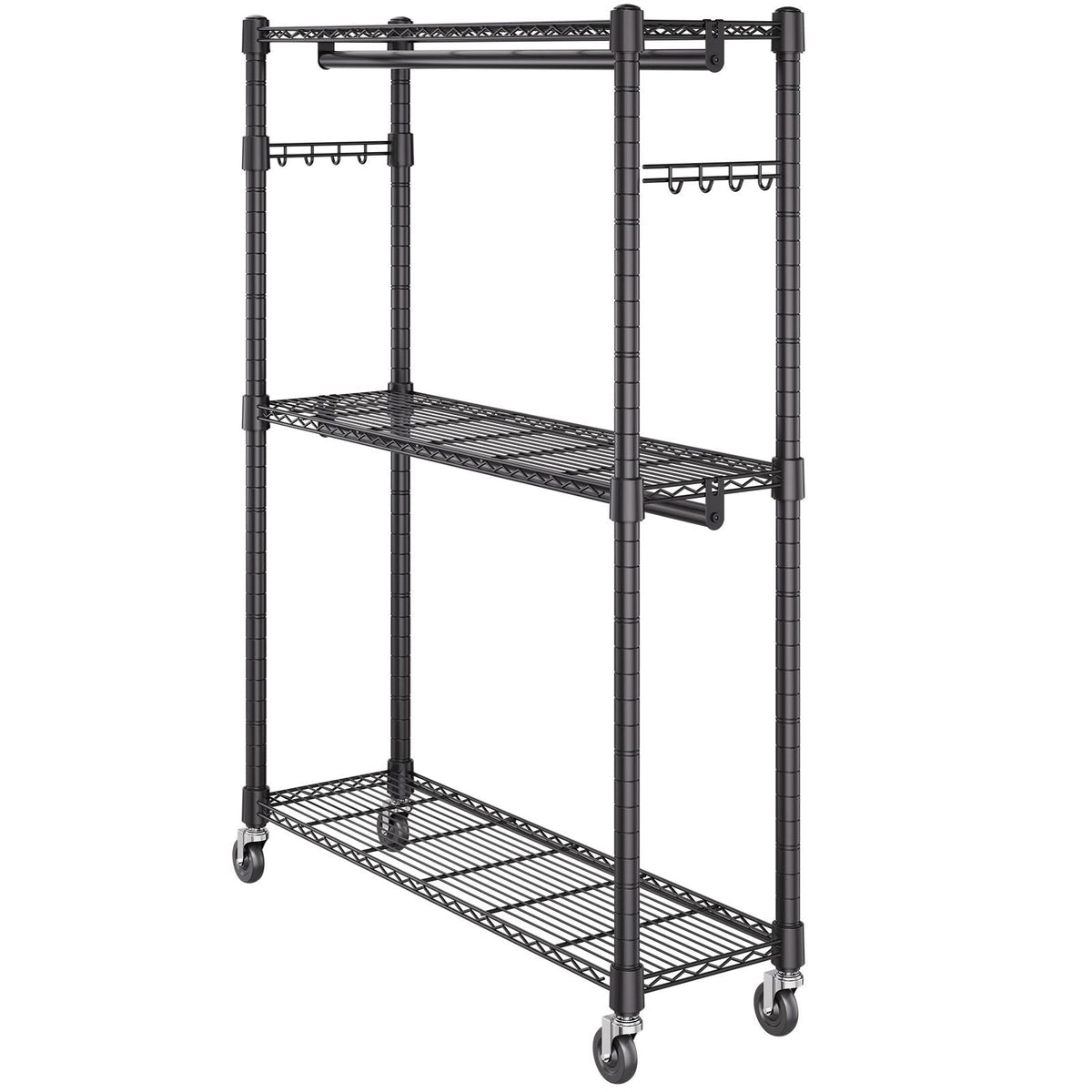 Heavy Duty Clothes Rack, Rolling Clothing Garment Rack with 3 Storage Tiers, 2 Rods and 2 Pairs Side Hooks, Adjustable Height Clothing Rack Closet for Hanging Clothes, 400 Lbs Load Capacity