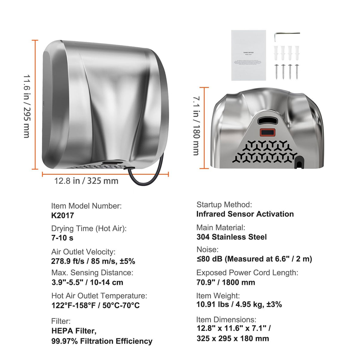 Heavy Duty Commercial Hand Dryer, 1300W Automatic High Speed Stainless Steel Warm Wind Hand Blower, 120V Plug In/Hardwired Two Power Options, Compliant for Industry Business Restrooms