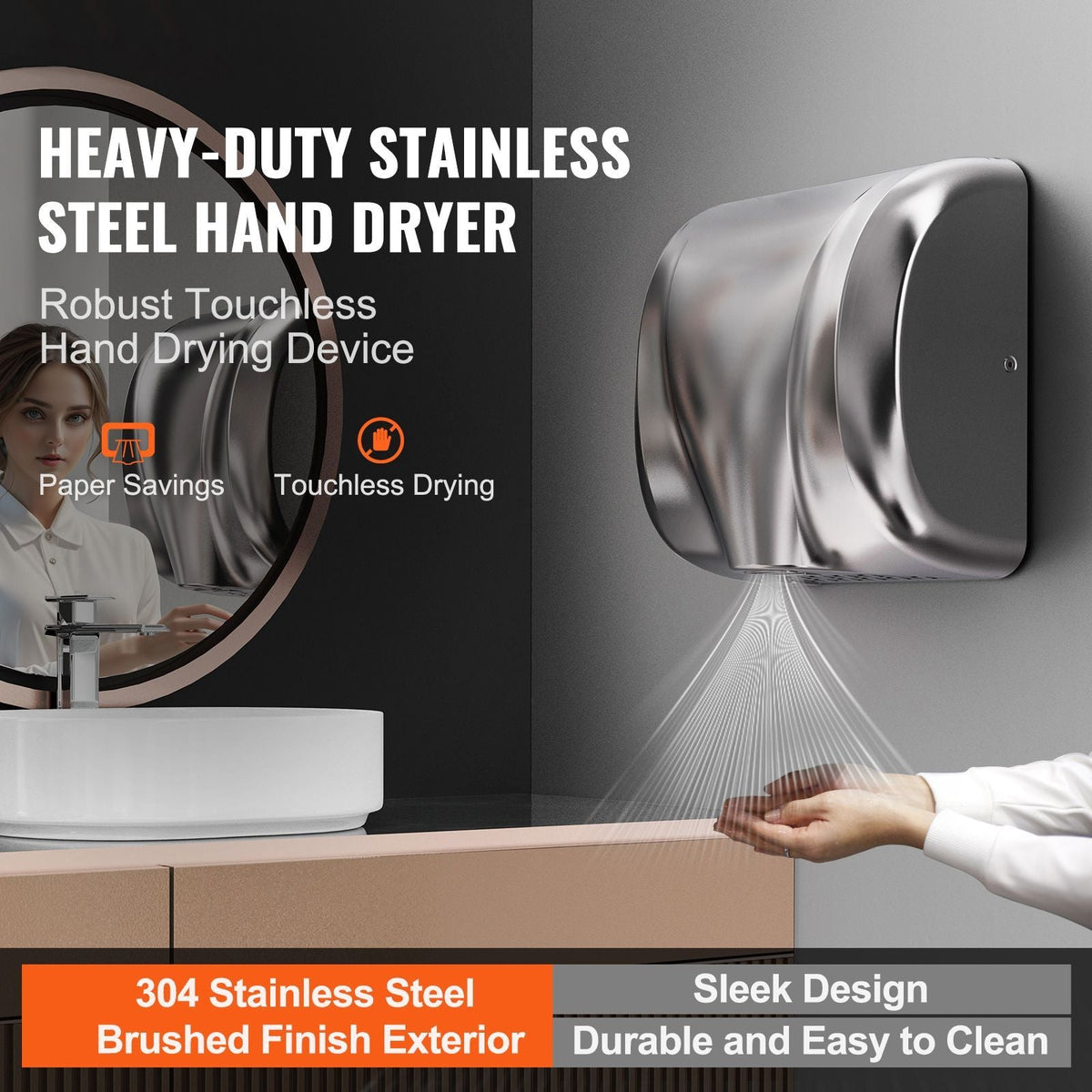 Heavy Duty Commercial Hand Dryer, 1300W Automatic High Speed Stainless Steel Warm Wind Hand Blower, 120V Plug In/Hardwired Two Power Options, Compliant for Industry Business Restrooms