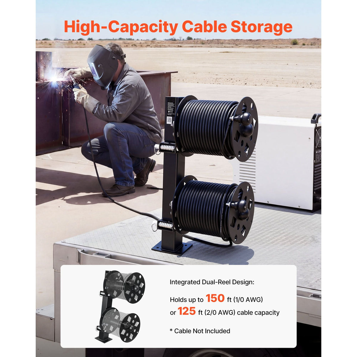 Heavy Duty Double Welding Cable Reel, Welding Cable Lead Reels for 150FT 1/0 & 125FT 2/0 Cable, Powder-Coated Steel Reel with Locking Pin for Service Trucks, Fleet Maintenance, Jobsites