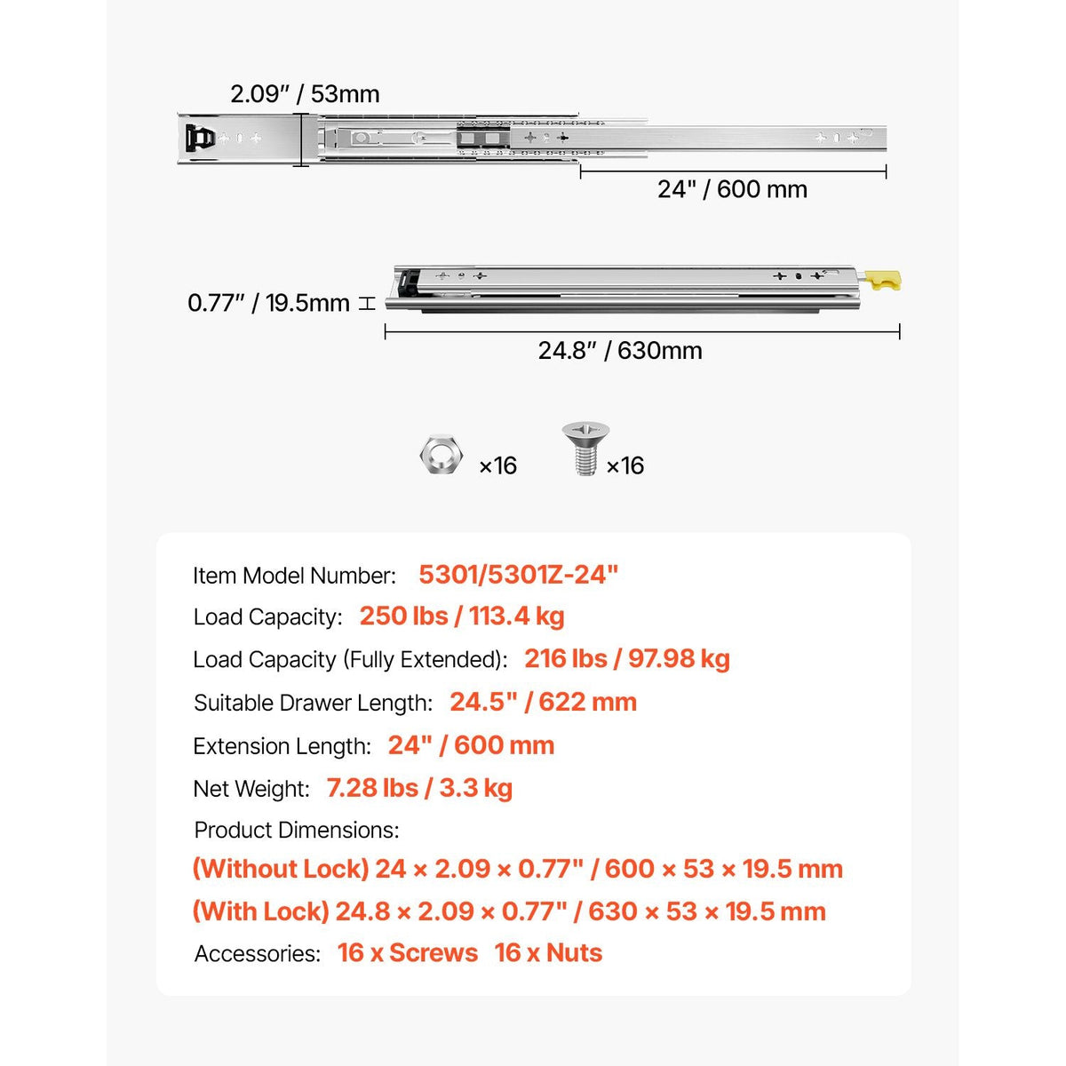 Heavy Duty Drawer Slides 16inch, 1 Pair Locking Drawer Slides 250lbs Load Capacity, Side Mount Ball Bearing, 3-Fold Full Extension