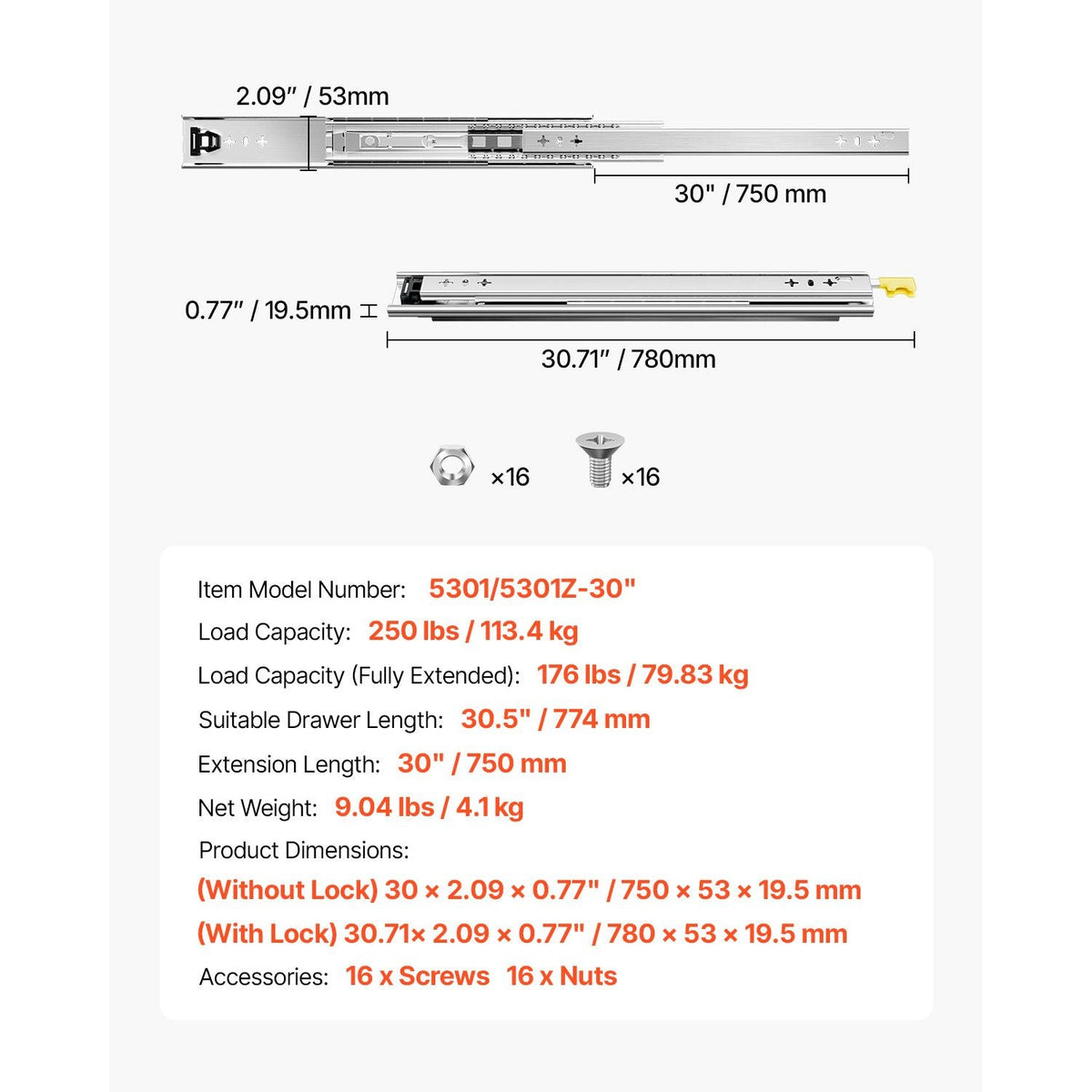 Heavy Duty Drawer Slides 30inch, 1 Pair Locking Drawer Slides 250lbs Load Capacity, Side Mount Ball Bearing, 3-Fold Full Extension