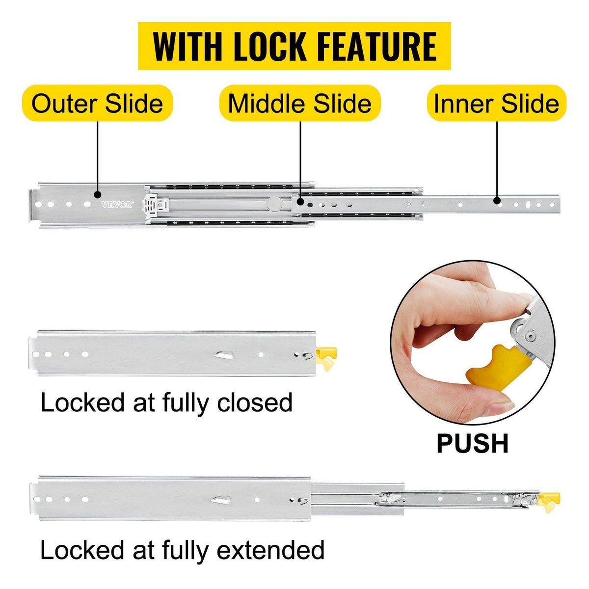 Heavy Duty Drawer Slides 40\" Length, Locking Drawer Slides 500lbs Load Capacity Long Full Extension Drawer Slide 1 Pair Side Mount Ball Bearing Drawer Glides Push to Open Drawer Runners Rail