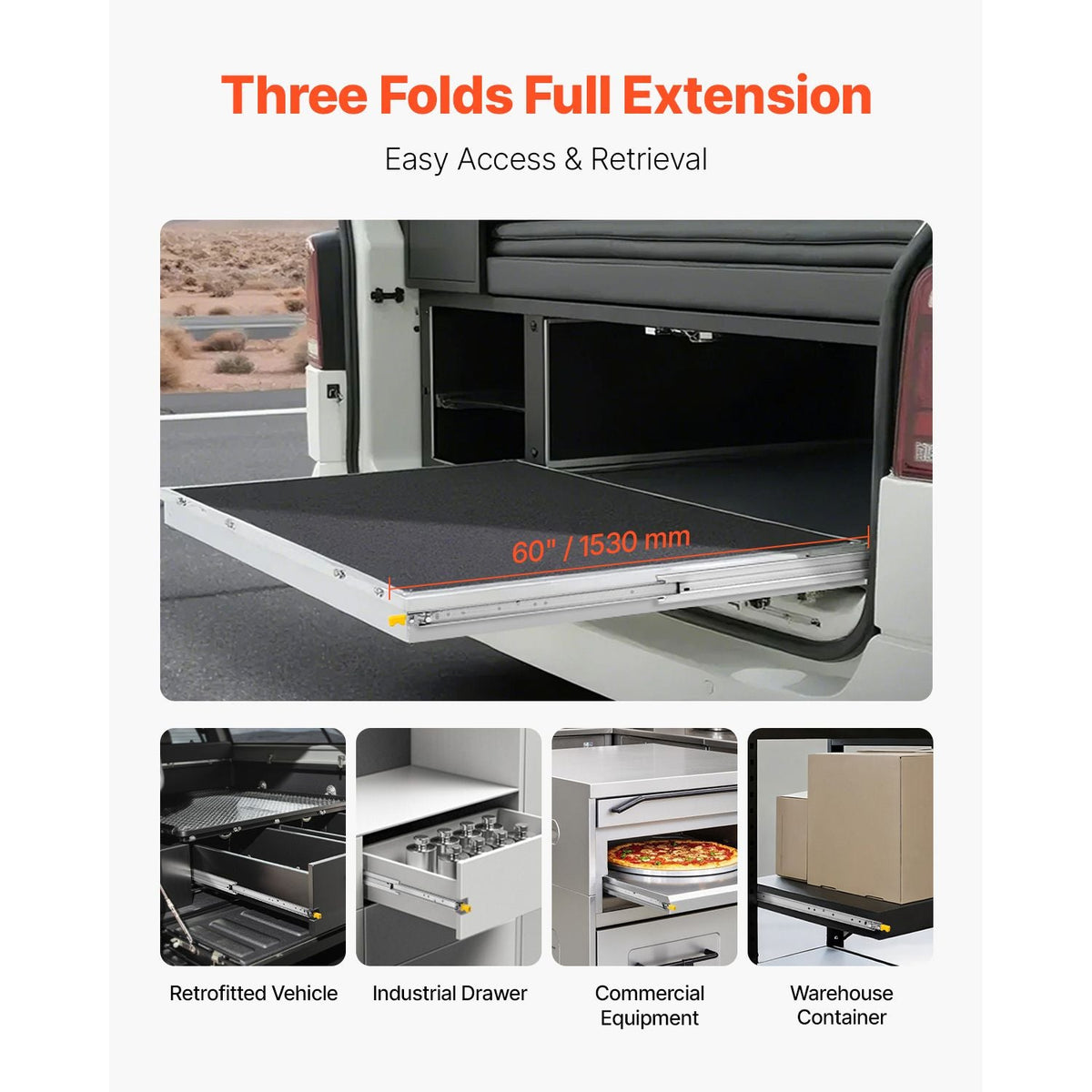 Heavy Duty Drawer Slides 60inch, 1 Pair Locking Drawer Slides 250lbs Load Capacity, Side Mount Ball Bearing, 3-Fold Full Extension