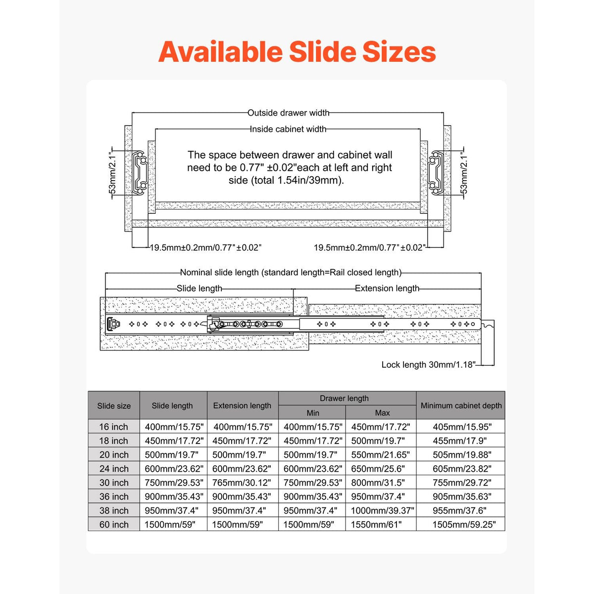 Heavy Duty Drawer Slides 60inch, 1 Pair Locking Drawer Slides 250lbs Load Capacity, Side Mount Ball Bearing, 3-Fold Full Extension