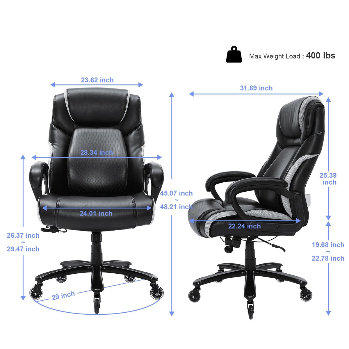 Heavy Duty Executive Office Chair with Cutting-edge Adjustable Lumbar Support for Long Hours, Big and Tall 400lbs Office Chair, Wide Thick Padded Strong Metal Base Quiet Wheels