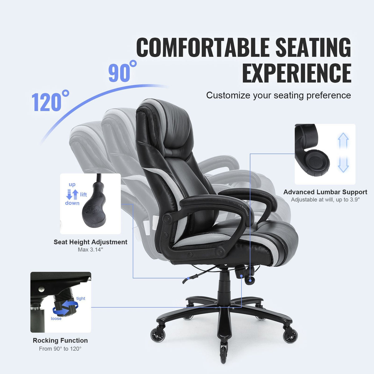 Heavy Duty Executive Office Chair with Cutting-edge Adjustable Lumbar Support for Long Hours, Big and Tall 400lbs Office Chair, Wide Thick Padded Strong Metal Base Quiet Wheels