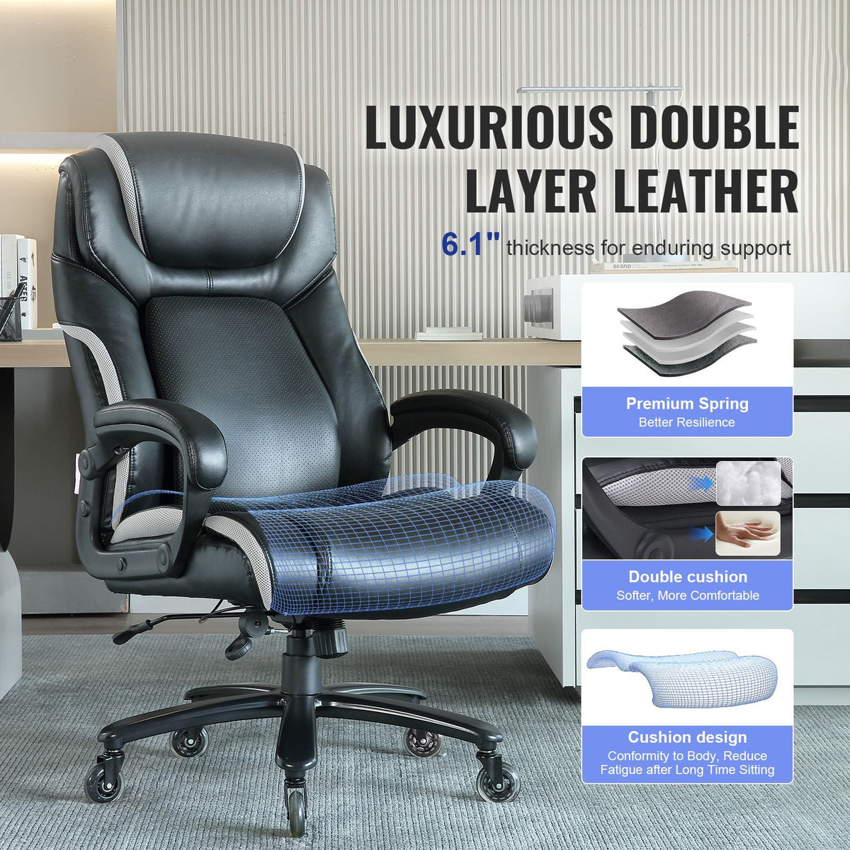 Heavy Duty Executive Office Chair with Cutting-edge Adjustable Lumbar Support for Long Hours, Big and Tall 400lbs Office Chair, Wide Thick Padded Strong Metal Base Quiet Wheels