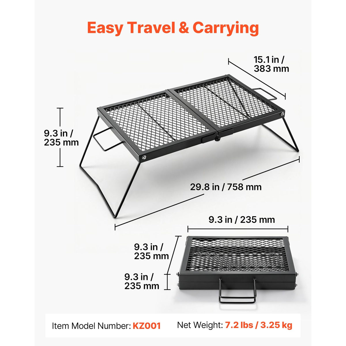 Heavy Duty Folding Campfire Grill, 24" Portable Camping Grill Grate, Sturdy Steel Mesh, Compact Equipment Over Fire Pit, with Legs and Handle, Grilling Rack for Outdoor Open Flame Cooking, Black