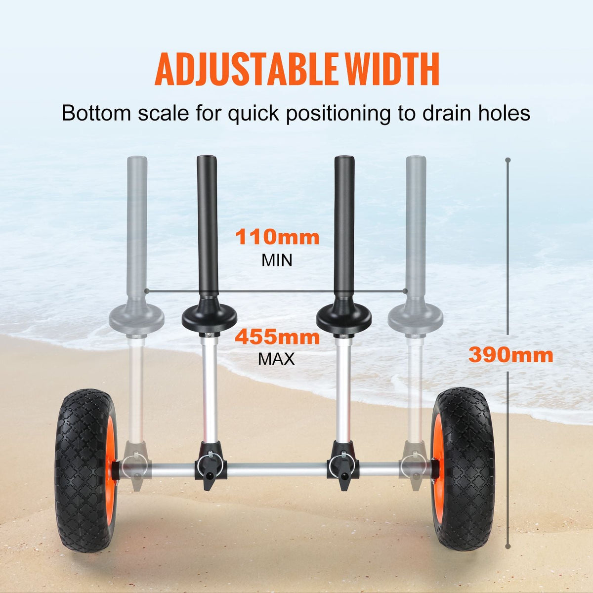 Heavy Duty Kayak Cart, 280lbs Load Capacity, Detachable Canoe Trolley Cart with 10'' Solid Tires, Adjustable Width & Top Foam Protection, for Kayaks with Drain Holes of 2.54 cm and Above