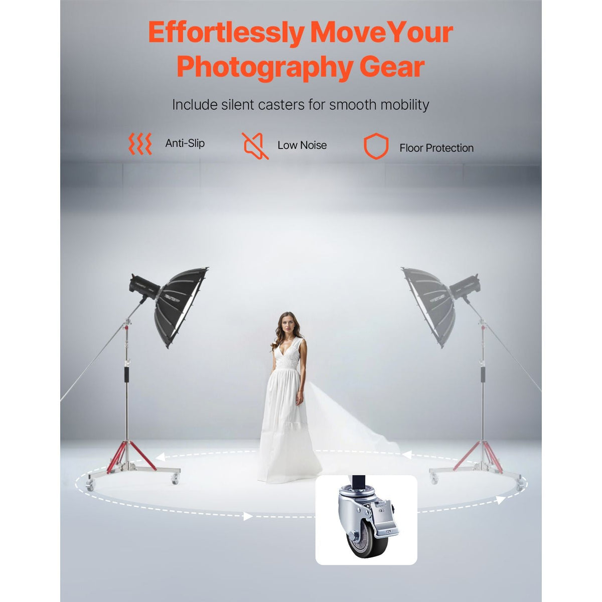 Heavy Duty Light Stand with Casters, Max Height 10.5 ft/320 cm, Adjustable Tripod Stand with Stainless Steel, Photography Wheeled Base Stand, for Studio Softbox, Monolight, Reflector Shooting