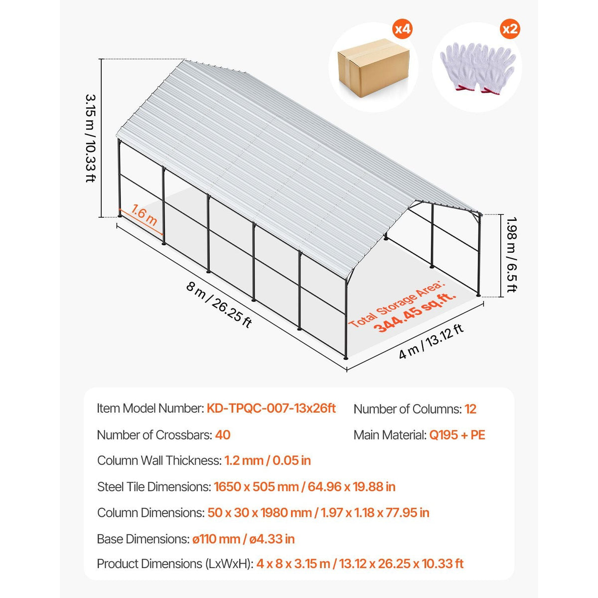 Heavy Duty Metal Carport, 13' x 26' Outdoor Carport with Galvanized Steel Frame & Roof, Car Tent Garage Shade with Removable Sidewalls, Multi-Use Car Shelter for Pickup, Boat, Car & Tractors