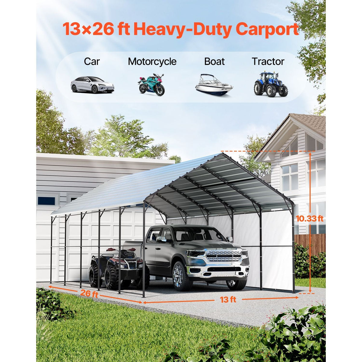 Heavy Duty Metal Carport, 13' x 26' Outdoor Carport with Galvanized Steel Frame & Roof, Car Tent Garage Shade with Removable Sidewalls, Multi-Use Car Shelter for Pickup, Boat, Car & Tractors