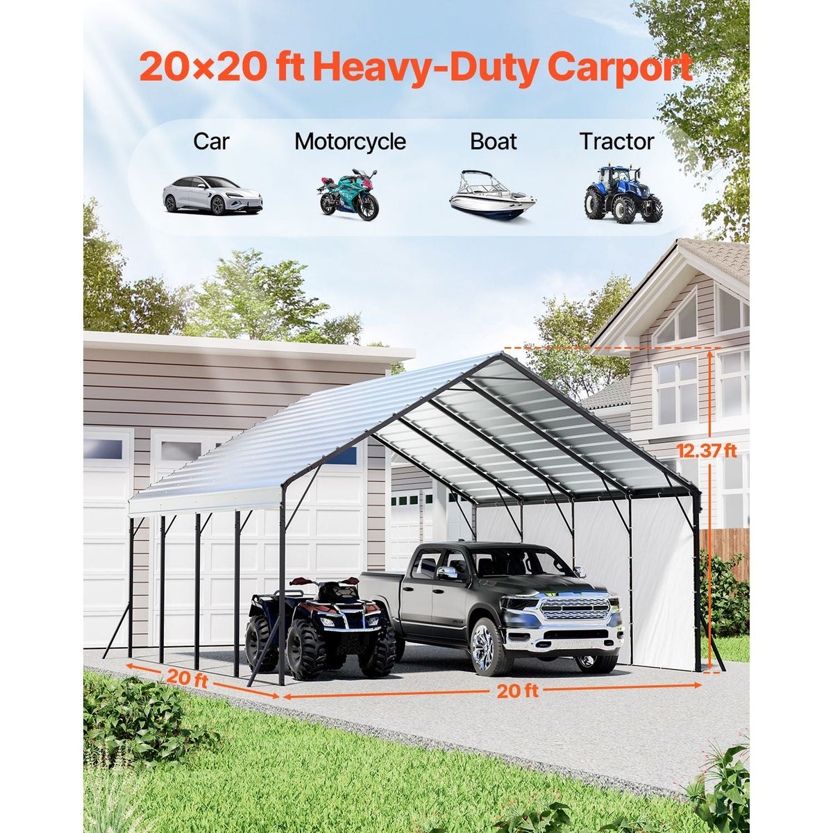 Heavy Duty Metal Carport, 20 x 20 ft Outdoor Carport with Sturdy Frame & Roof, Car Garage Shade with Removable Sidewalls, Multi-Use Car Shelter for Pickup, Boat, Trucks & Tractors