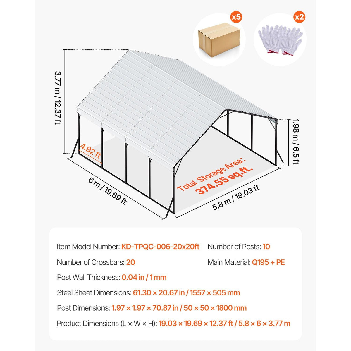 Heavy Duty Metal Carport, 20 x 20 ft Outdoor Carport with Sturdy Frame & Roof, Car Garage Shade with Removable Sidewalls, Multi-Use Car Shelter for Pickup, Boat, Trucks & Tractors