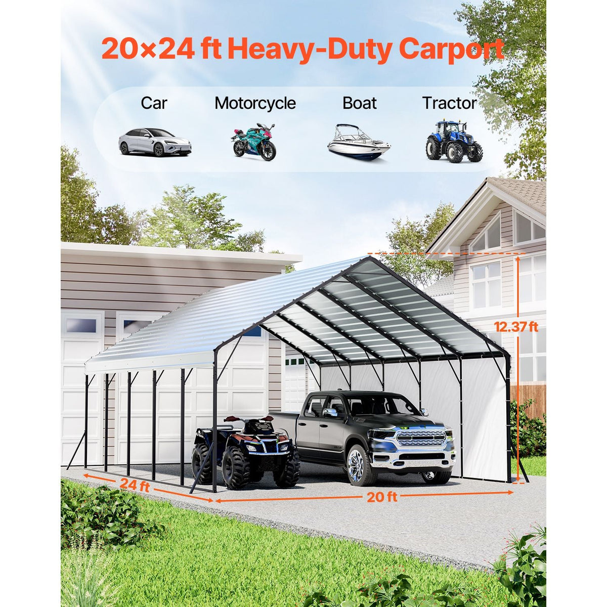 Heavy Duty Metal Carport, 20 x 24 ft Outdoor Carport with Sturdy Frame & Roof, Car Garage Shade with Removable Sidewalls, Multi-Use Car Shelter for Pickup, Boat, Trucks & Tractors