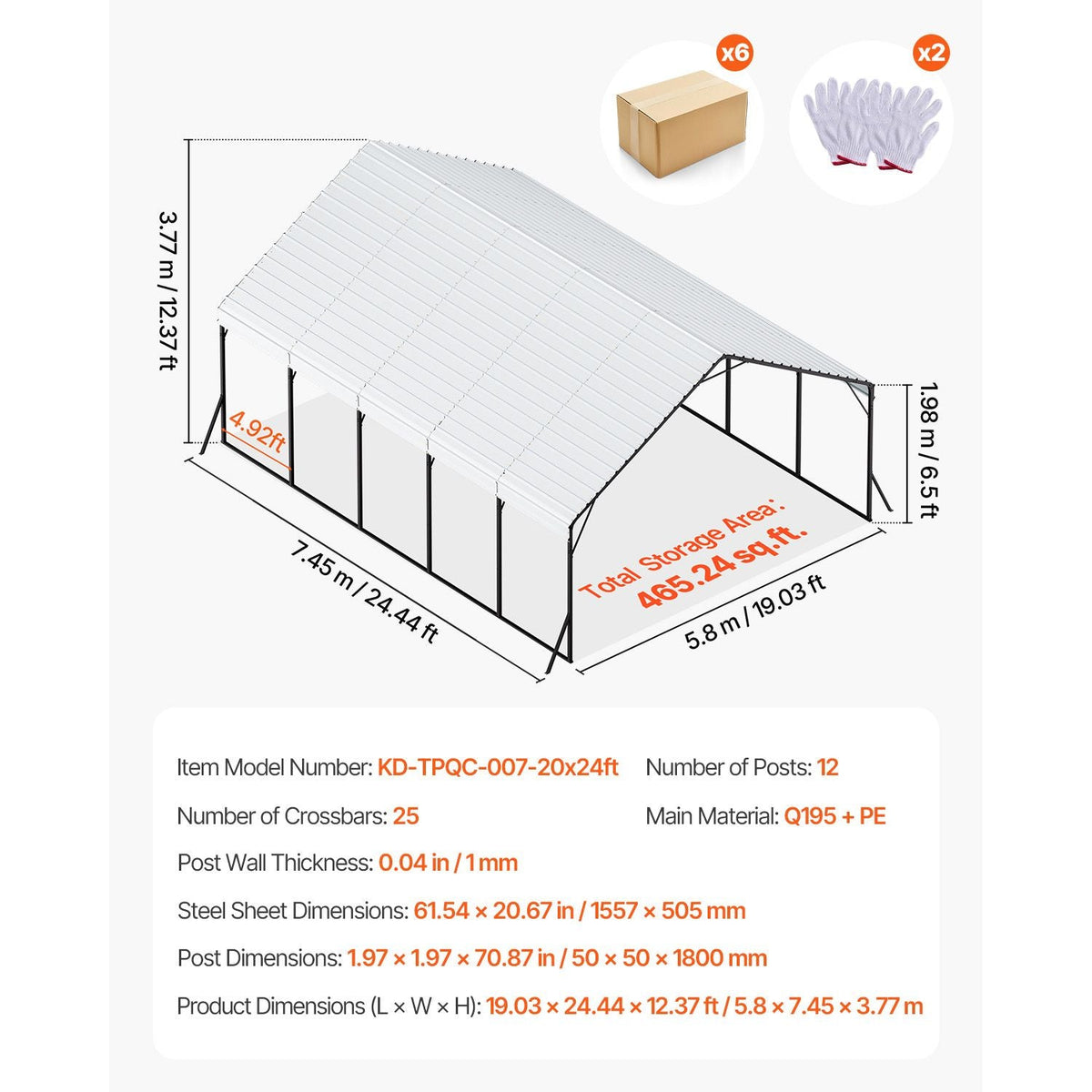 Heavy Duty Metal Carport, 20 x 24 ft Outdoor Carport with Sturdy Frame & Roof, Car Garage Shade with Removable Sidewalls, Multi-Use Car Shelter for Pickup, Boat, Trucks & Tractors