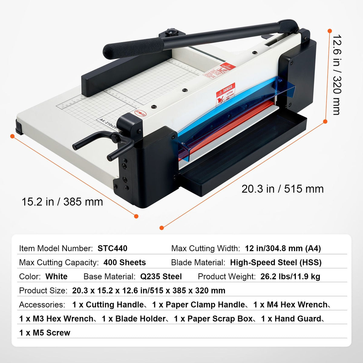 Heavy Duty Paper Cutter, 12" Industrial Commercial Guillotine Paper Cutter for A4 Paper, 400 Sheet Capacity, Solid Steel Construction, Stack Paper Trimmer for Office Home School Shop, White