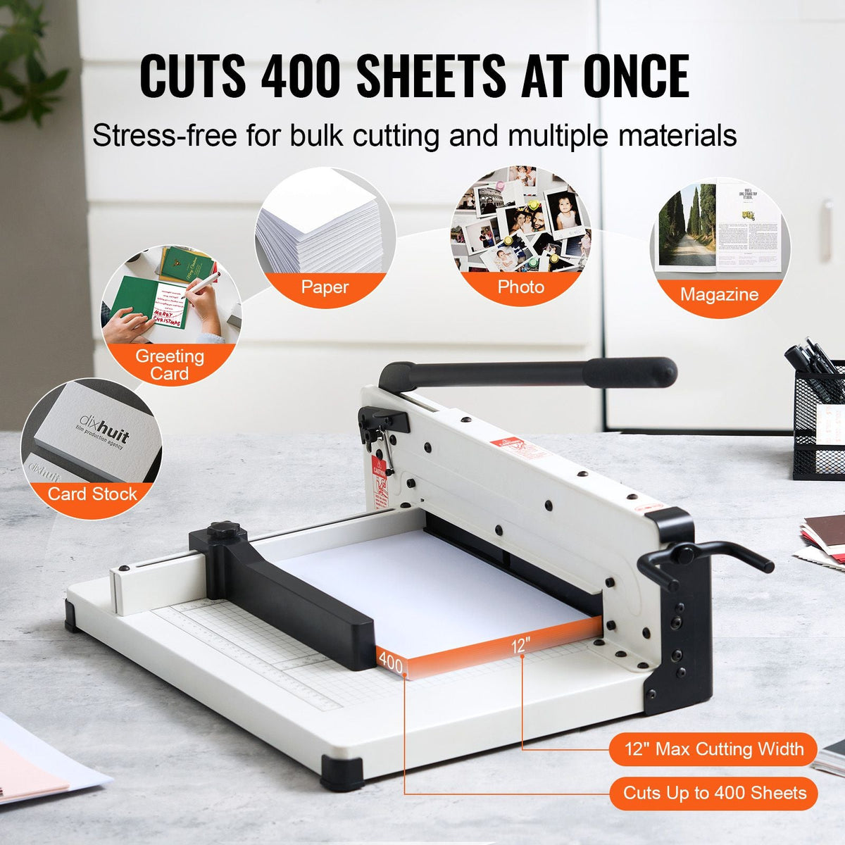 Heavy Duty Paper Cutter, 12" Industrial Commercial Guillotine Paper Cutter for A4 Paper, 400 Sheet Capacity, Solid Steel Construction, Stack Paper Trimmer for Office Home School Shop, White