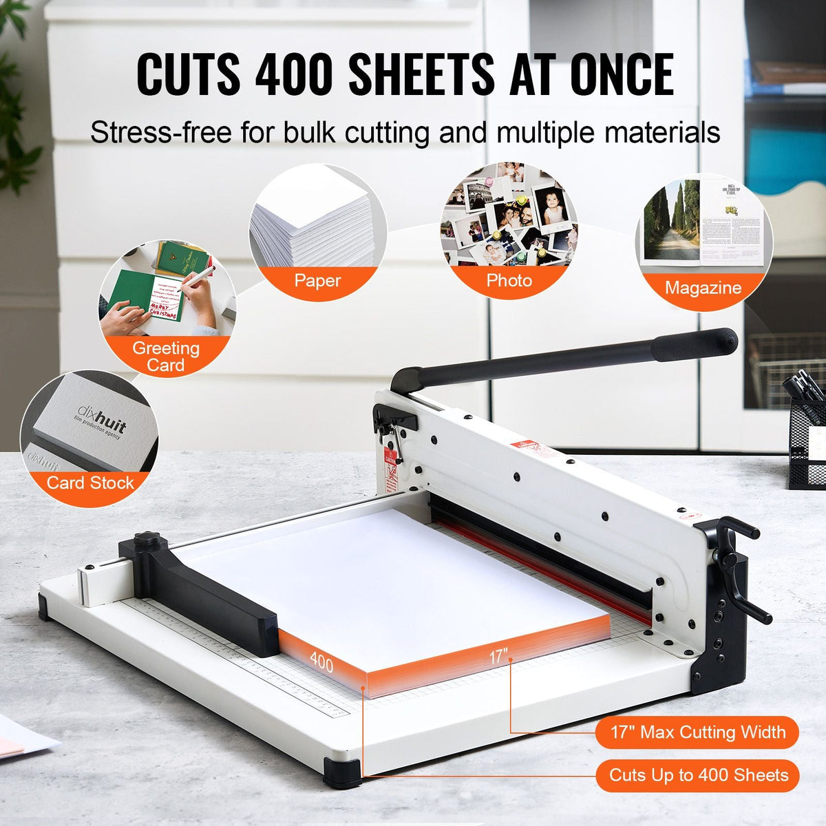 Heavy Duty Paper Cutter, 17" Industrial Commercial Guillotine Paper Cutter for A3 Paper, 400 Sheet Capacity, Solid Steel Construction, Stack Paper Trimmer for Office Home School Shop, White
