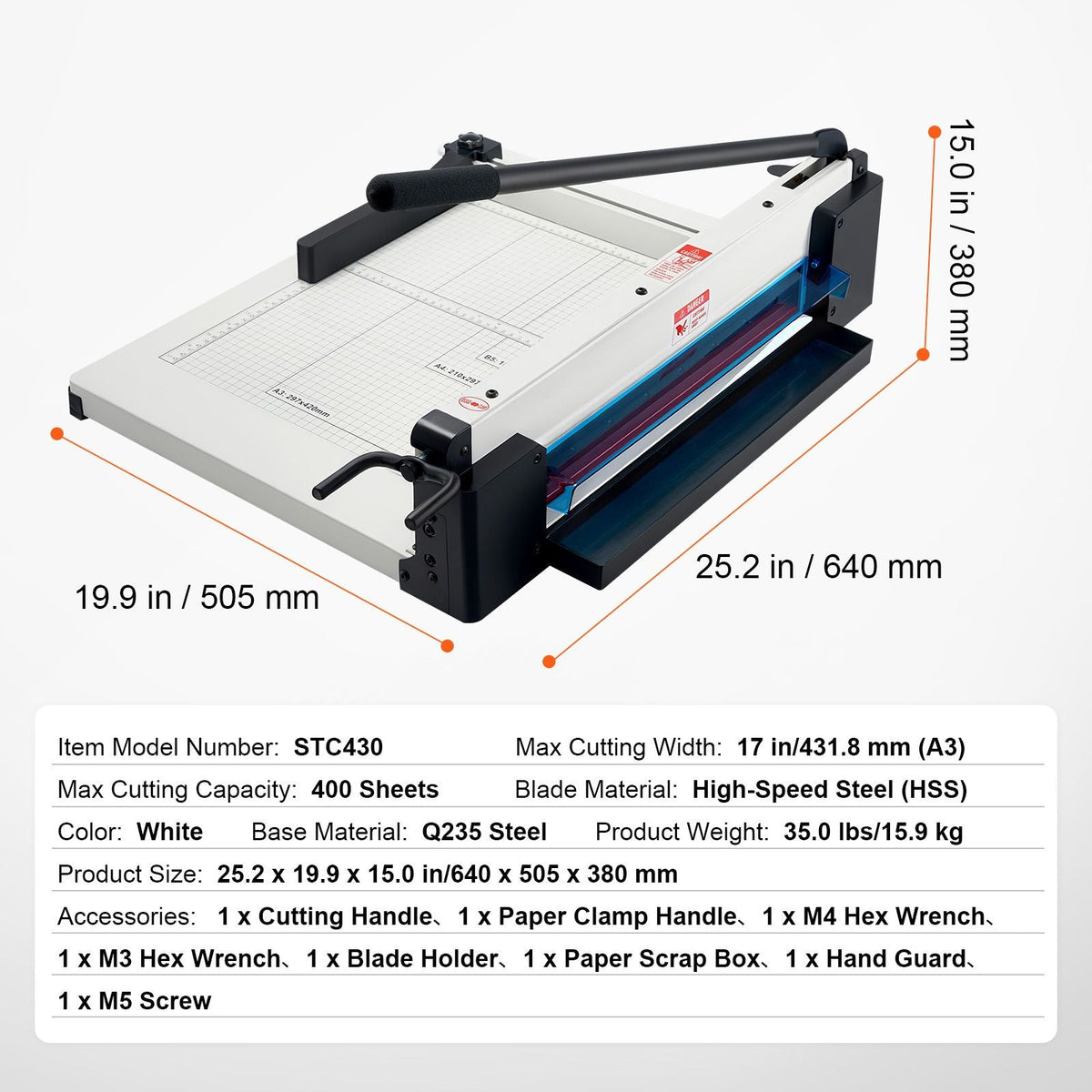 Heavy Duty Paper Cutter, 17" Industrial Commercial Guillotine Paper Cutter for A3 Paper, 400 Sheet Capacity, Solid Steel Construction, Stack Paper Trimmer for Office Home School Shop, White