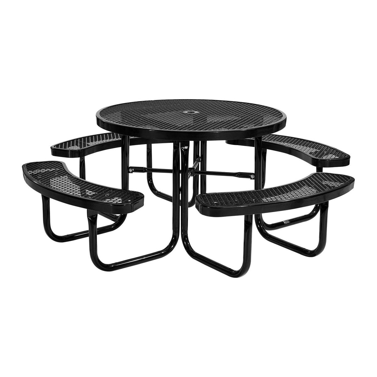Heavy-Duty Picnic Table, Outdoor Furniture Weather Resistant Patio Dining Set, Coated Steel Tables with Umbrella Hole, 46" Round Table and Bench Set, for Garden, Backyard, Porch (Black)