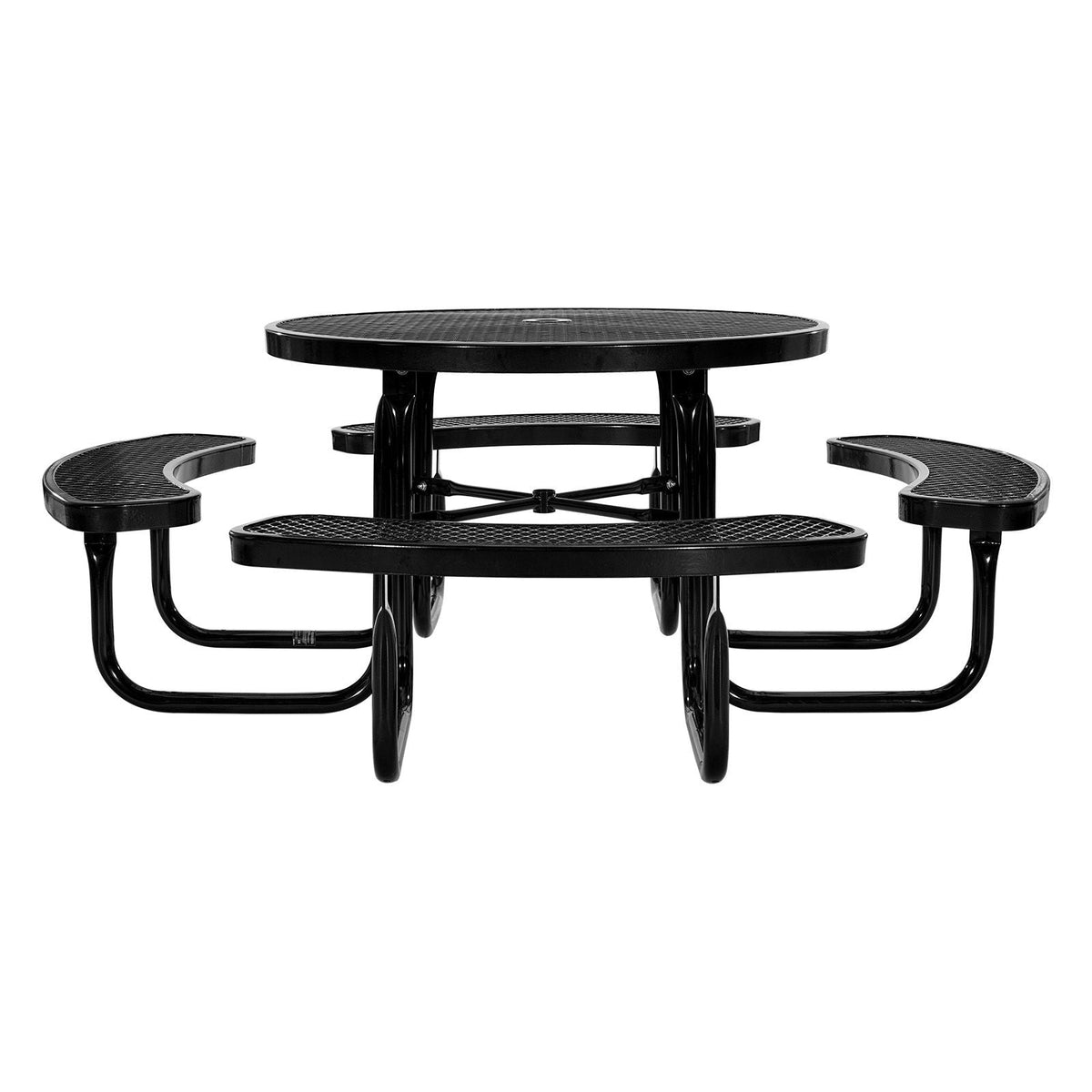 Heavy-Duty Picnic Table, Outdoor Furniture Weather Resistant Patio Dining Set, Coated Steel Tables with Umbrella Hole, 46" Round Table and Bench Set, for Garden, Backyard, Porch (Black)