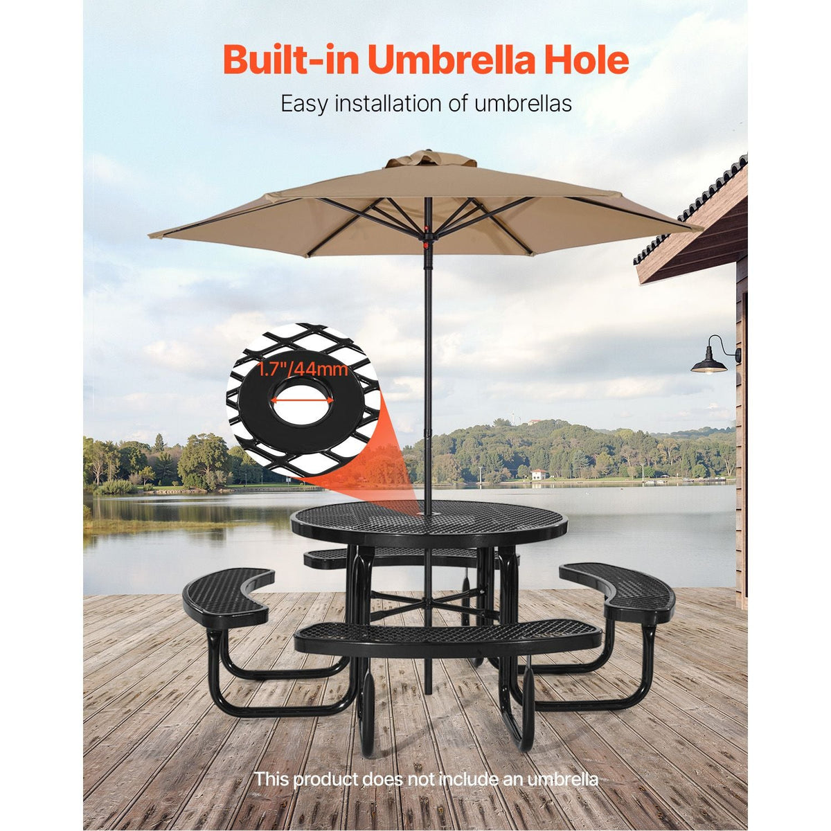 Heavy-Duty Picnic Table, Outdoor Furniture Weather Resistant Patio Dining Set, Coated Steel Tables with Umbrella Hole, 46" Round Table and Bench Set, for Garden, Backyard, Porch (Black)