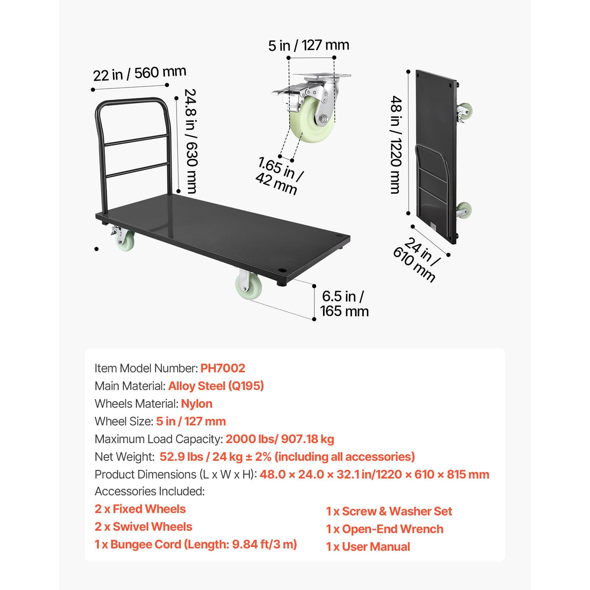 Heavy Duty Platform Truck, 2000 lbs Capacity, Industrial Steel Flatbed Cart with Swivel Wheels and Handle, Platform Hand Push Truck Dolly, Easy Storage, for Luggage Moving, 48 x 24 x 32.1 in