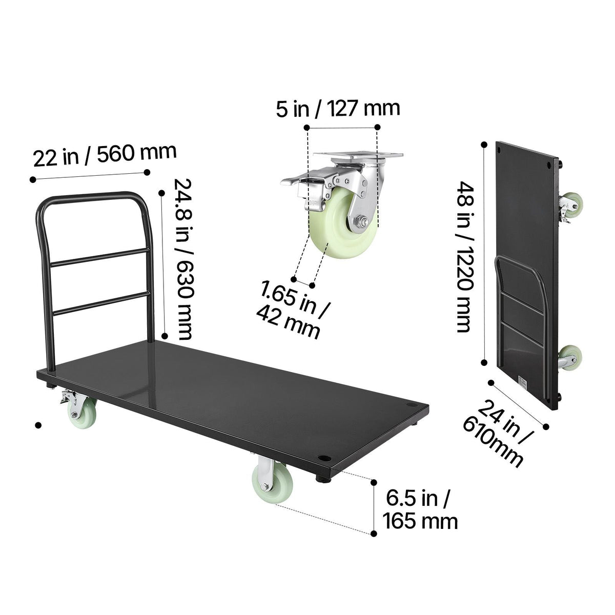 Heavy Duty Platform Truck, 2000 lbs Capacity, Industrial Steel Flatbed Cart with Swivel Wheels and Handle, Platform Hand Push Truck Dolly, Easy Storage, for Luggage Moving, 48 x 24 x 32.1 in