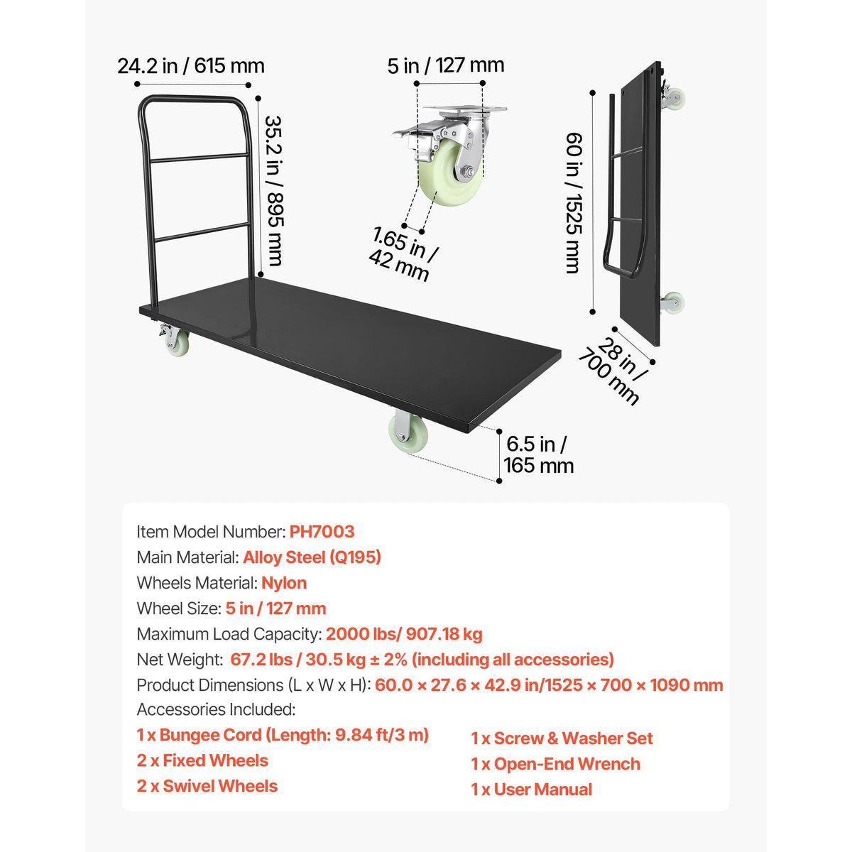 Heavy Duty Platform Truck, 2000 lbs Capacity, Industrial Steel Flatbed Cart with Swivel Wheels and Handle, Platform Hand Push Truck Dolly, Easy Storage, for Luggage Moving, 60 x 27.6 x 42.9 in