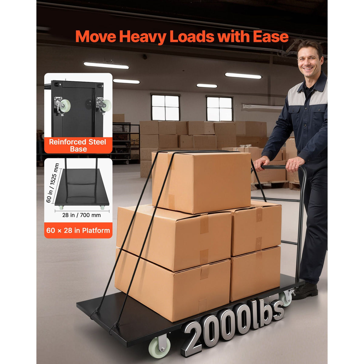 Heavy Duty Platform Truck, 2000 lbs Capacity, Industrial Steel Flatbed Cart with Swivel Wheels and Handle, Platform Hand Push Truck Dolly, Easy Storage, for Luggage Moving, 60 x 27.6 x 42.9 in
