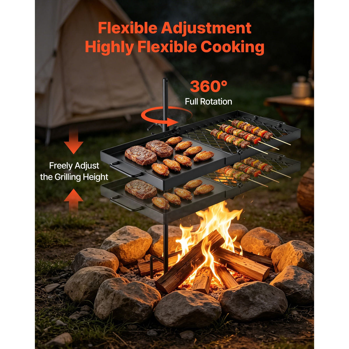 Heavy Duty Swivel Campfire Grill, 24" Portable Camping Grill Grate & Griddle, Sturdy Steel BBQ Mesh, 360° Height Adjustable Over Fire Pit Equipment, for Outdoor Open Flame Cooking, Black