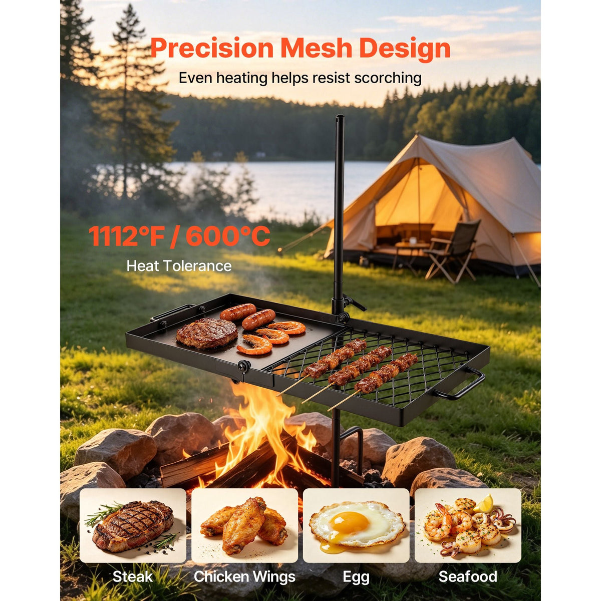 Heavy Duty Swivel Campfire Grill, 24" Portable Camping Grill Grate & Griddle, Sturdy Steel BBQ Mesh, 360° Height Adjustable Over Fire Pit Equipment, for Outdoor Open Flame Cooking, Black