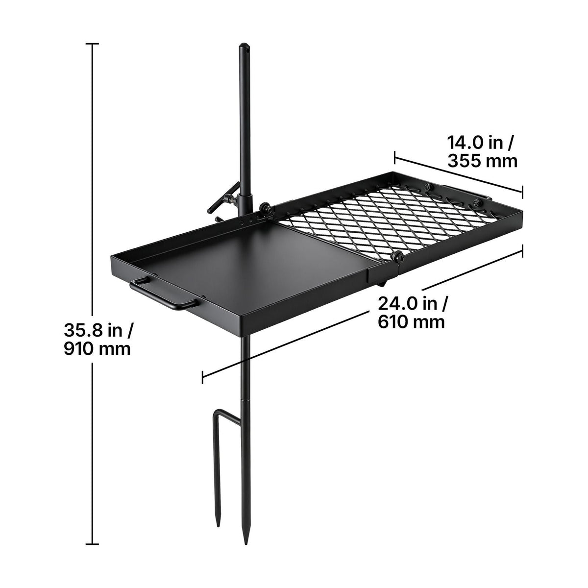 Heavy Duty Swivel Campfire Grill, 24" Portable Camping Grill Grate & Griddle, Sturdy Steel BBQ Mesh, 360° Height Adjustable Over Fire Pit Equipment, for Outdoor Open Flame Cooking, Black