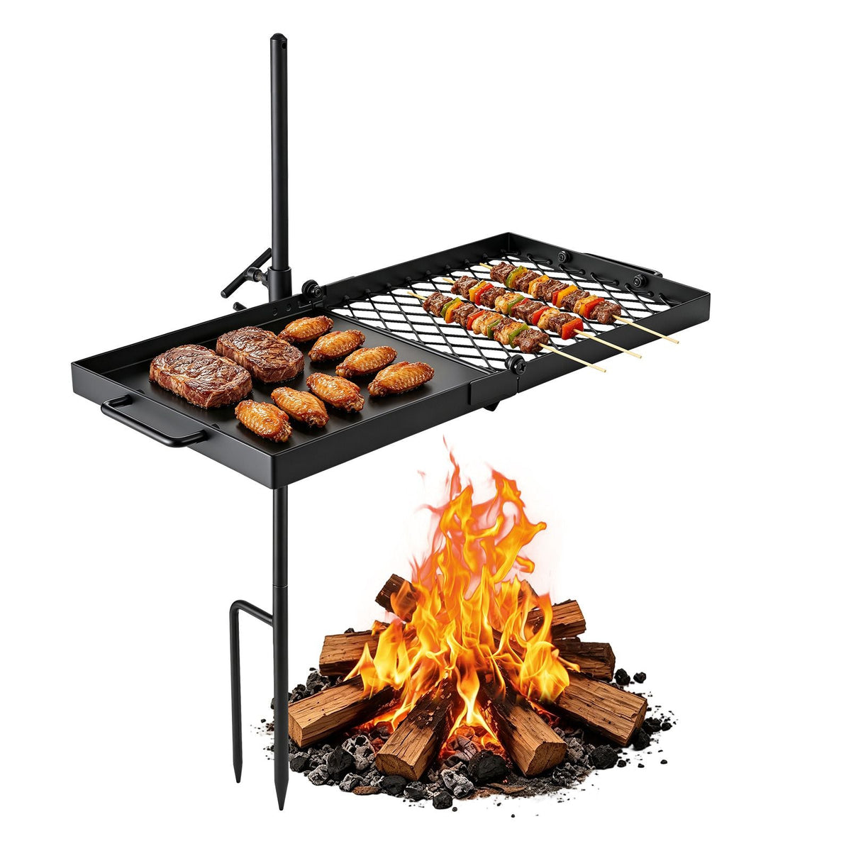 Heavy Duty Swivel Campfire Grill, 24" Portable Camping Grill Grate & Griddle, Sturdy Steel BBQ Mesh, 360° Height Adjustable Over Fire Pit Equipment, for Outdoor Open Flame Cooking, Black
