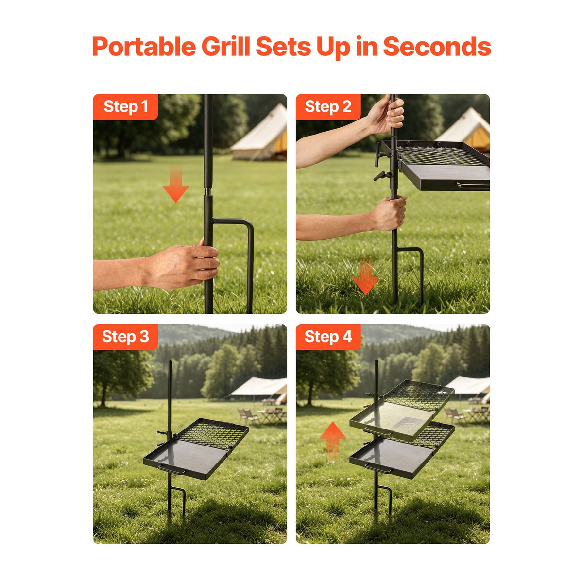 Heavy Duty Swivel Campfire Grill, 24" Portable Camping Grill Grate & Griddle, Sturdy Steel BBQ Mesh, 360° Height Adjustable Over Fire Pit Equipment, for Outdoor Open Flame Cooking, Black